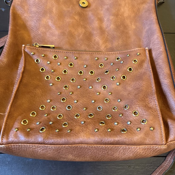 DV Dolce Vita Brown Faux Leather Studded Grommet Backpack Boho Foldover Bag - Picture 2 of 4
